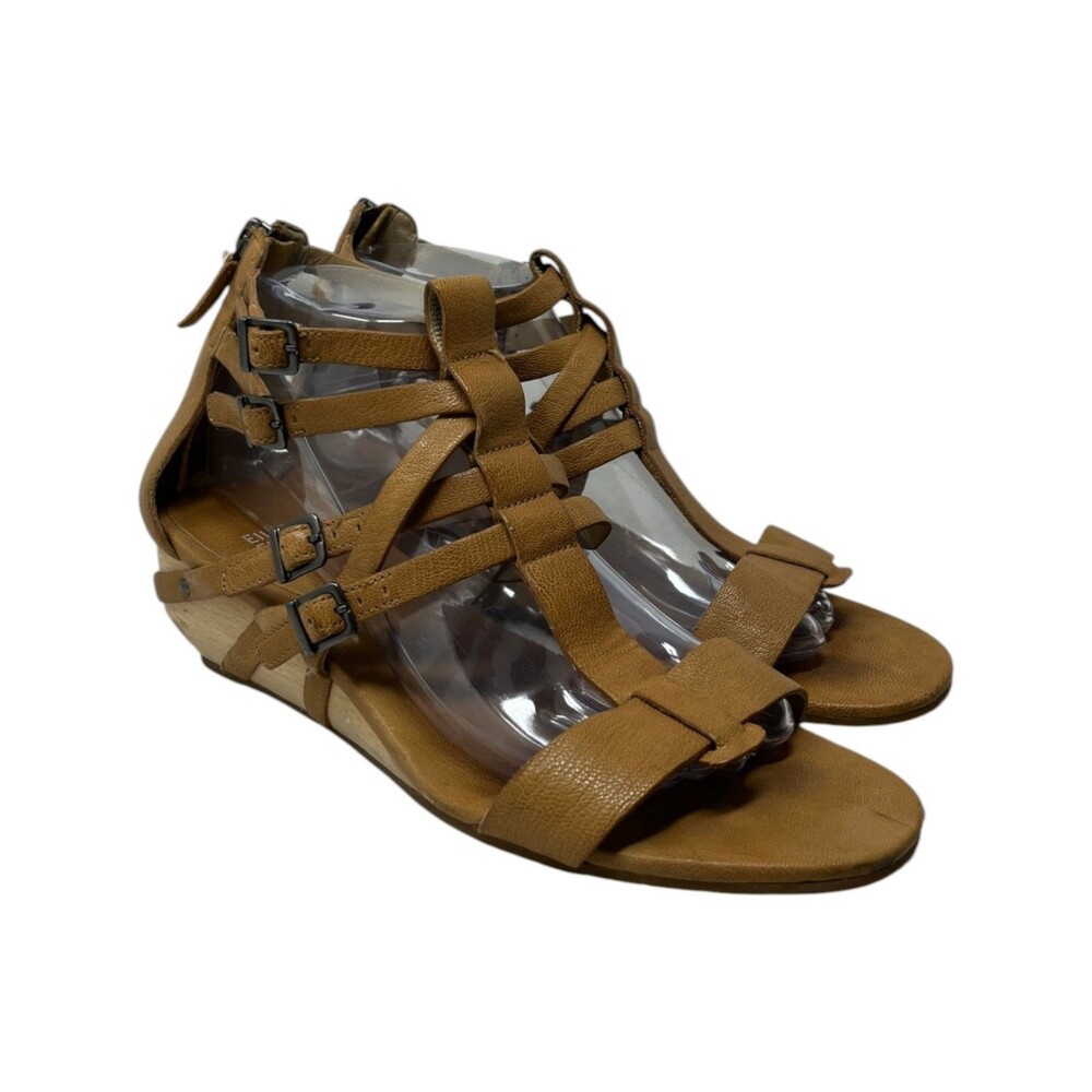 Eileen Fisher Sandal Womens Size 9 Tan Leather Gladiator Strappy Clog Wood Wedge